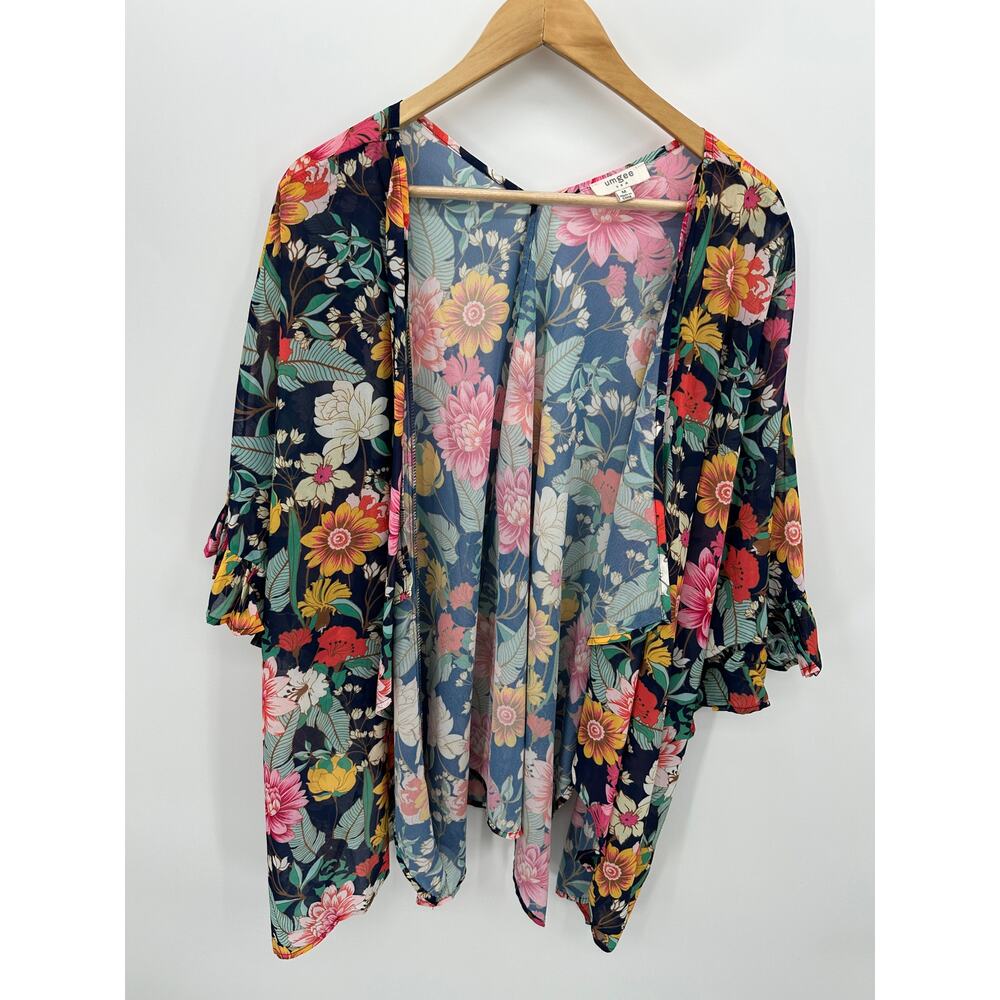 Umgee Women Medium Floral Kimono Ruffle Sleeve Flowy Boho‎ Oversized Navy CY11